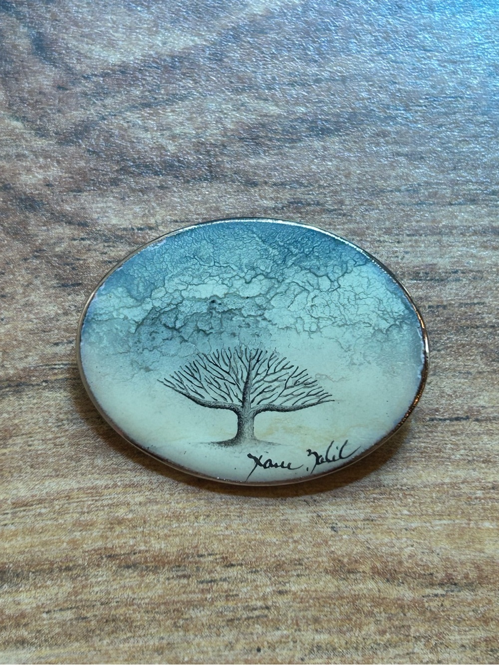 Vintage Diane Balit Hand Painted Copper Enamel Tree Brooch Pin Signed